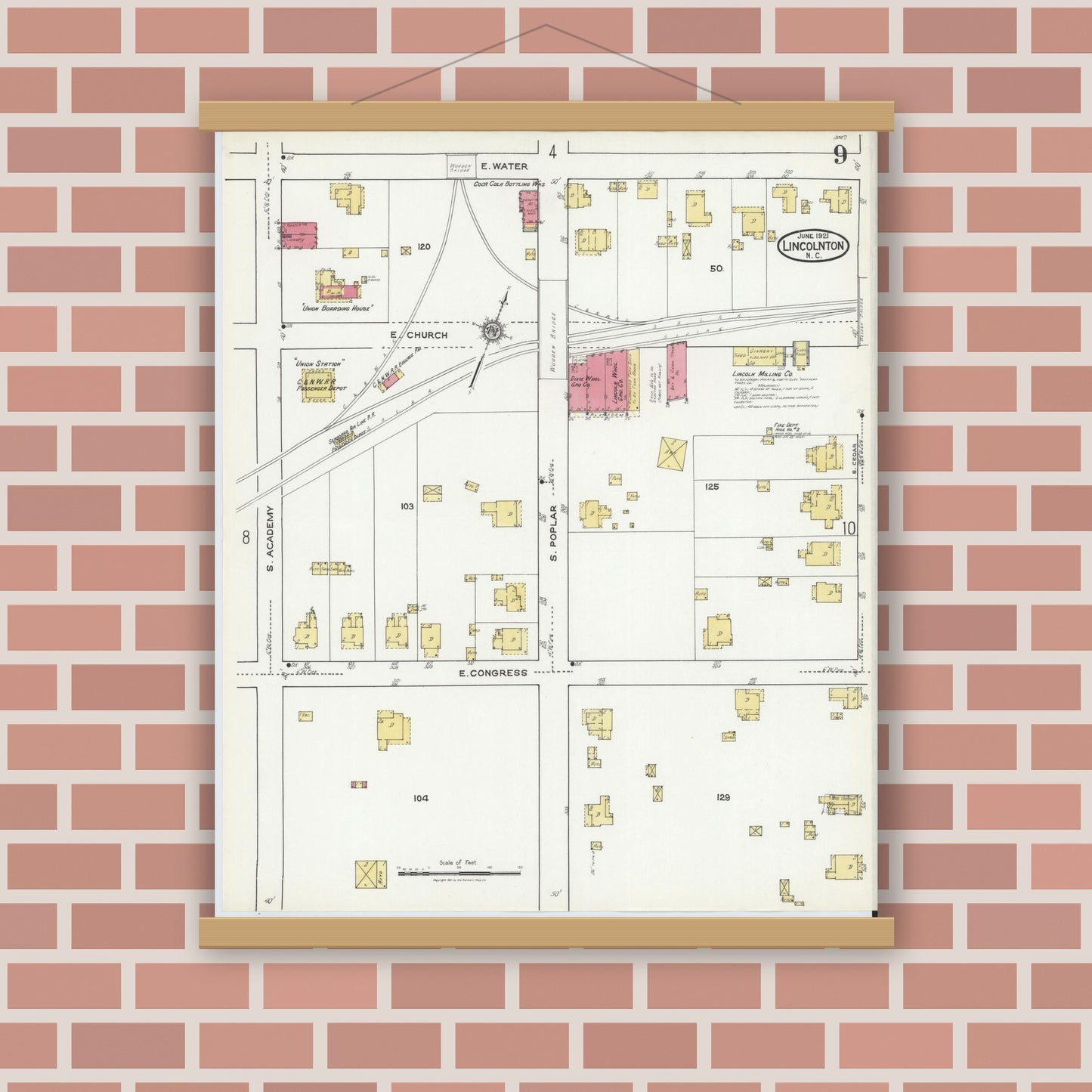 Old map wall art mockup — magnetic wood frame on brick wall — Sanborn Fire Insurance Map from Lincolnton, Lincoln County, North Carolina (1921), Sheet #0009