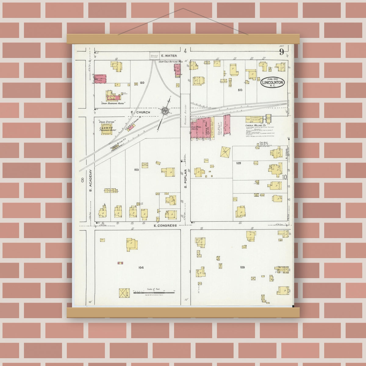 Old map wall art mockup — magnetic wood frame on brick wall — Sanborn Fire Insurance Map from Lincolnton, Lincoln County, North Carolina (1921), Sheet #0009