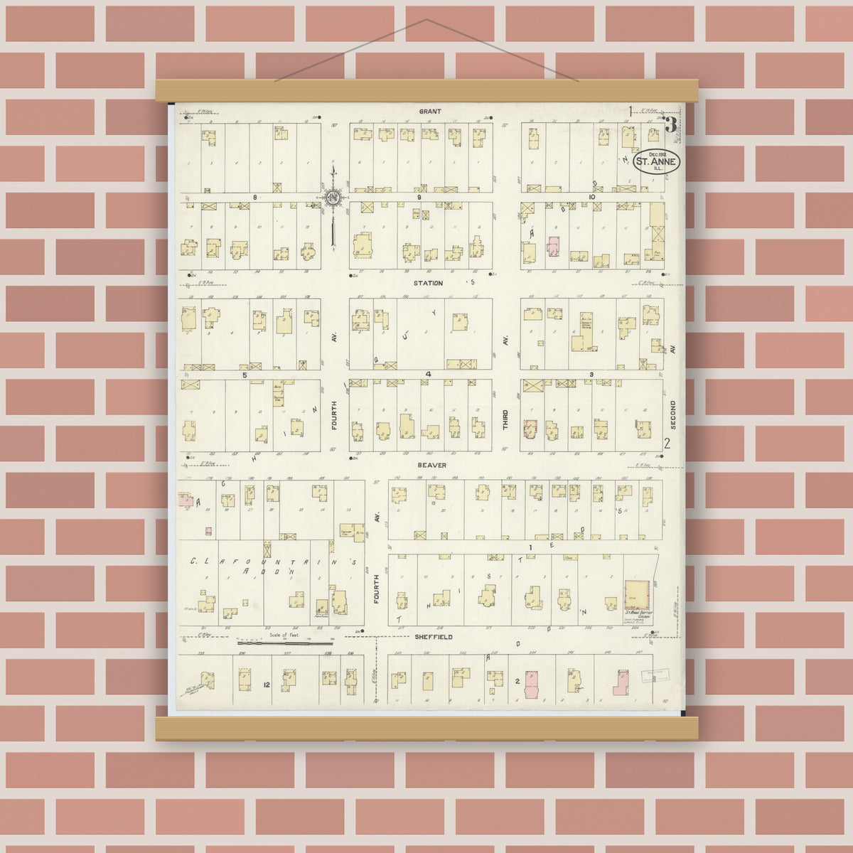 Old map wall art mockup — magnetic wood frame on brick wall — Sanborn Fire Insurance Map from Saint Anne, Kankakee County, Illinois (1912), Sheet #0003