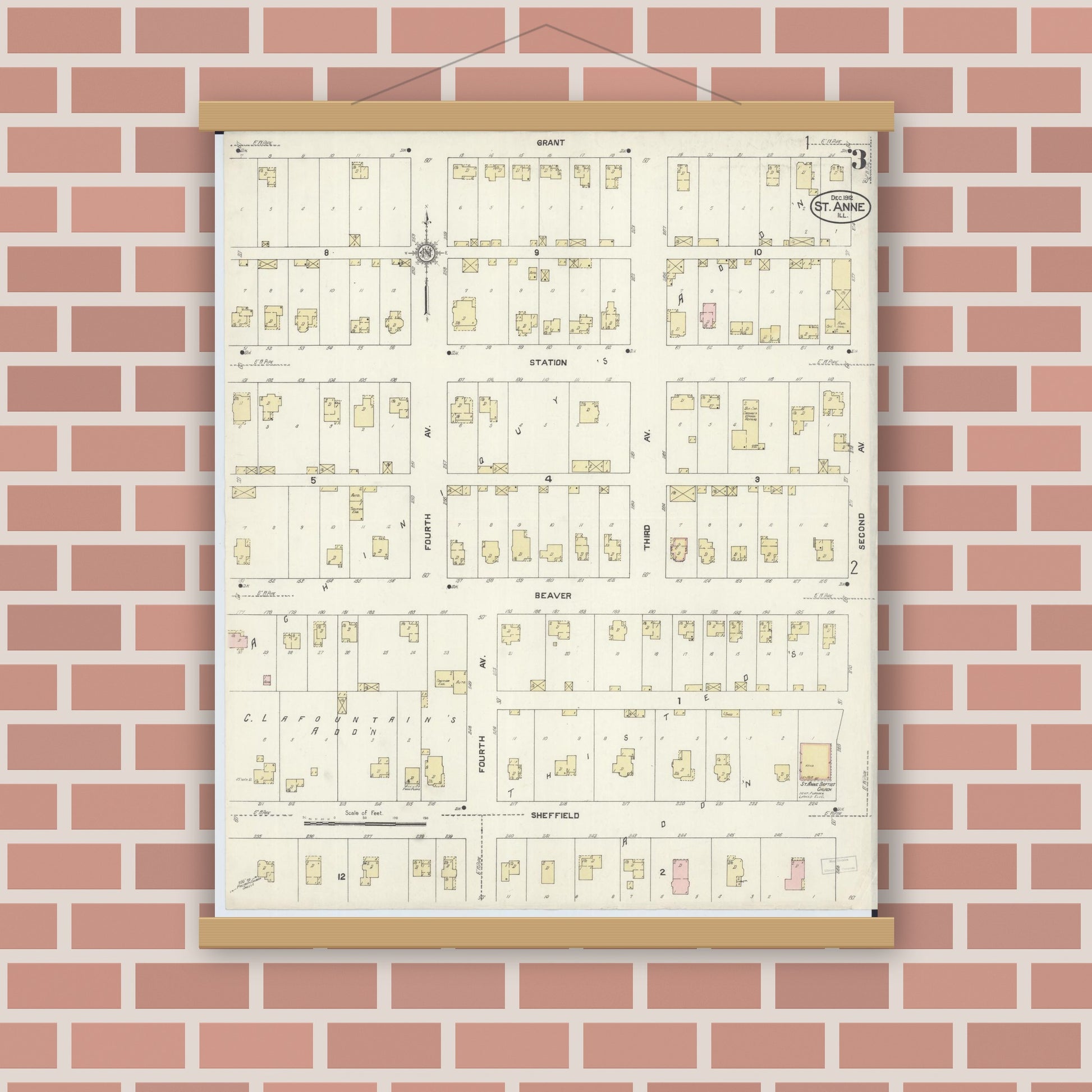 Old map wall art mockup — magnetic wood frame on brick wall — Sanborn Fire Insurance Map from Saint Anne, Kankakee County, Illinois (1912), Sheet #0003