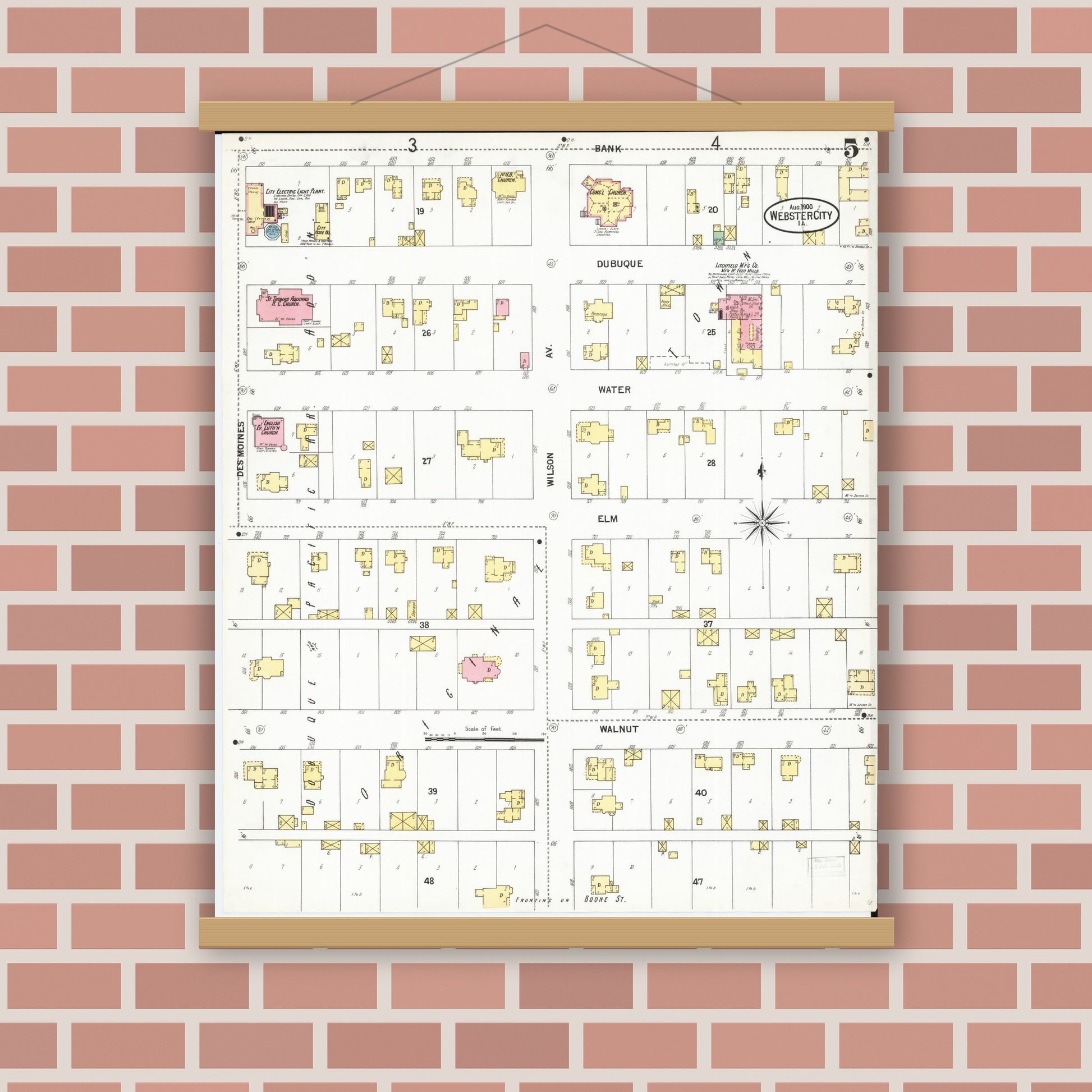 Old map wall art mockup — magnetic wood frame on brick wall — Sanborn Fire Insurance Map from Webster City, Hamilton County, Iowa (1900), Sheet #0005