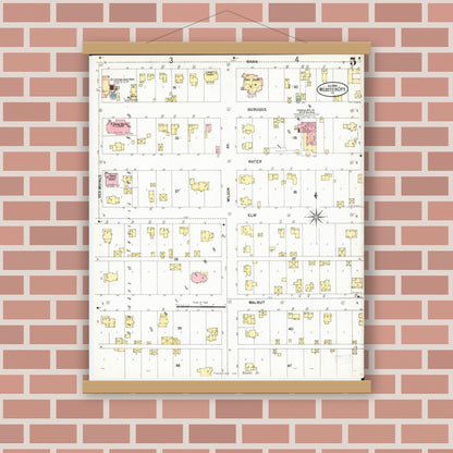 Old map wall art mockup — magnetic wood frame on brick wall — Sanborn Fire Insurance Map from Webster City, Hamilton County, Iowa (1900), Sheet #0005