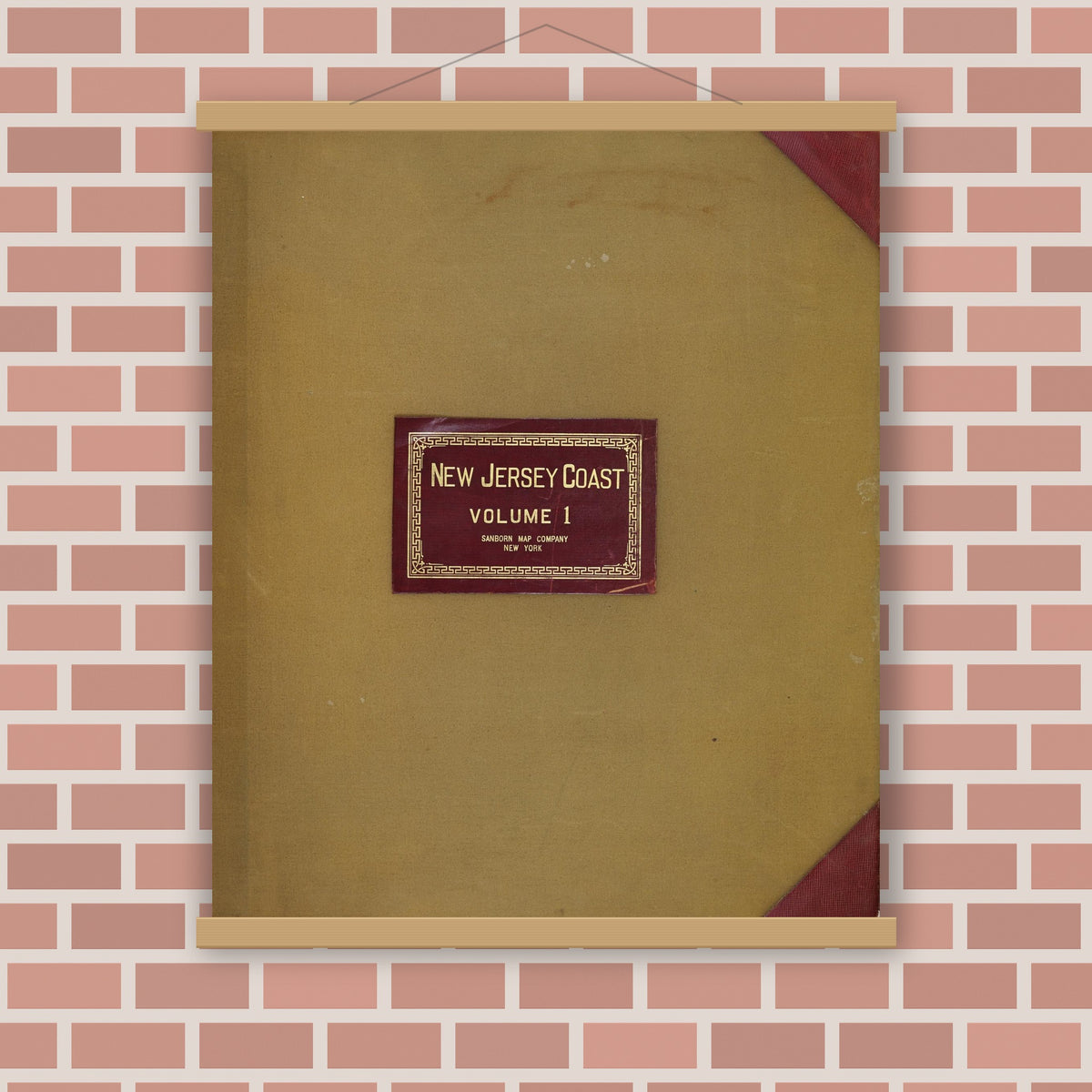 Old map wall art mockup — magnetic wood frame on brick wall — Sanborn Fire Insurance Map from New Jersey Coast, New Jersey Coast, New Jersey (1950), Sheet #0001