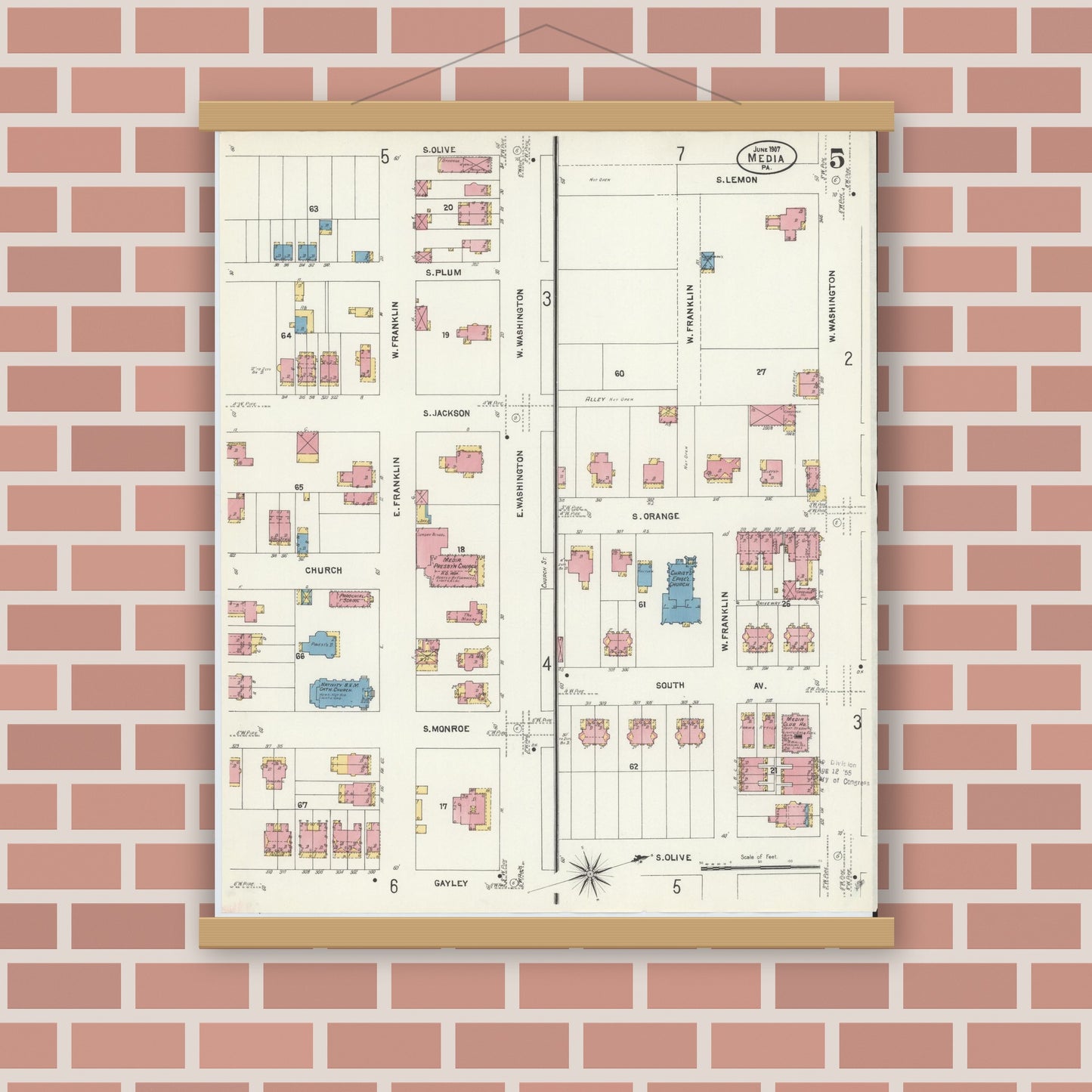 Old map wall art mockup — magnetic wood frame on brick wall — Sanborn Fire Insurance Map from Media, Delaware County, Pennsylvania (1907), Sheet #0005