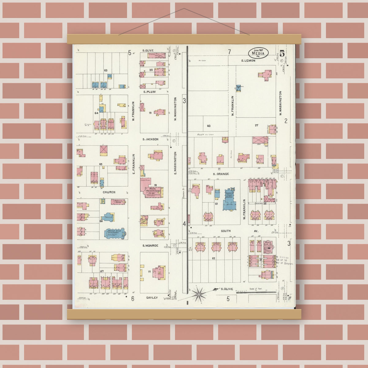 Old map wall art mockup — magnetic wood frame on brick wall — Sanborn Fire Insurance Map from Media, Delaware County, Pennsylvania (1907), Sheet #0005