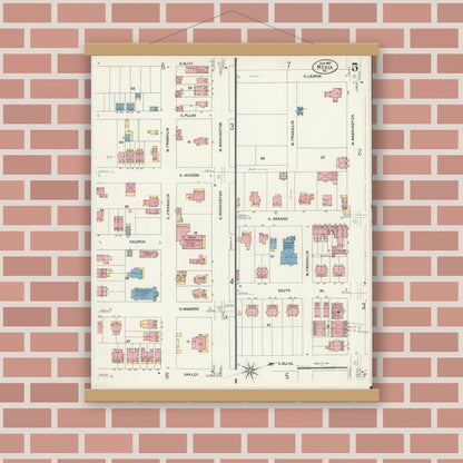 Old map wall art mockup — magnetic wood frame on brick wall — Sanborn Fire Insurance Map from Media, Delaware County, Pennsylvania (1907), Sheet #0005
