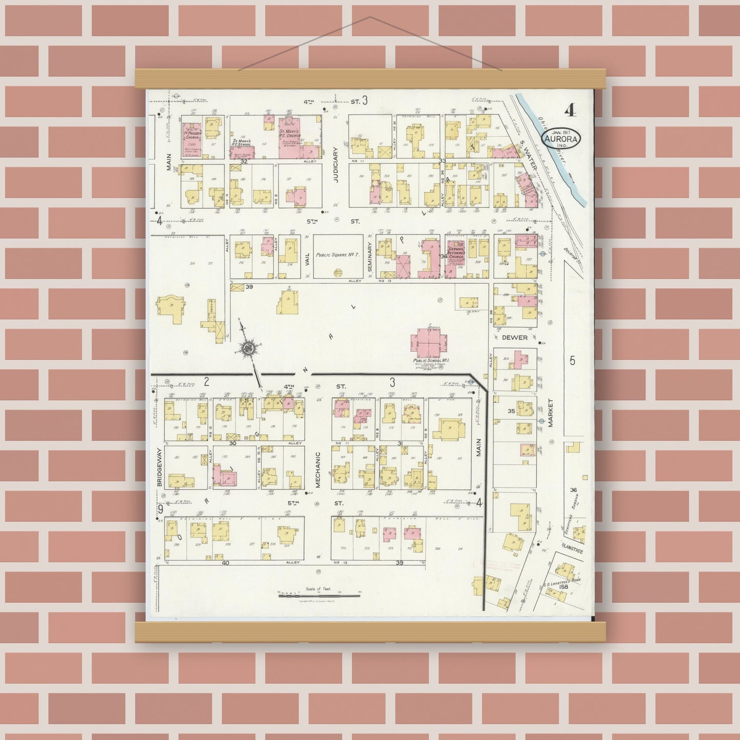 Old map wall art mockup — magnetic wood frame on brick wall — Sanborn Fire Insurance Map from Aurora, Dearborn County, Indiana (1917), Sheet #0004