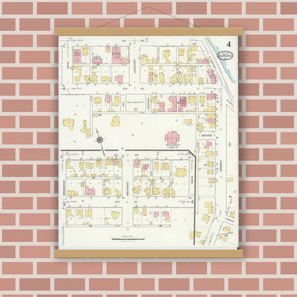 Old map wall art mockup — magnetic wood frame on brick wall — Sanborn Fire Insurance Map from Aurora, Dearborn County, Indiana (1917), Sheet #0004