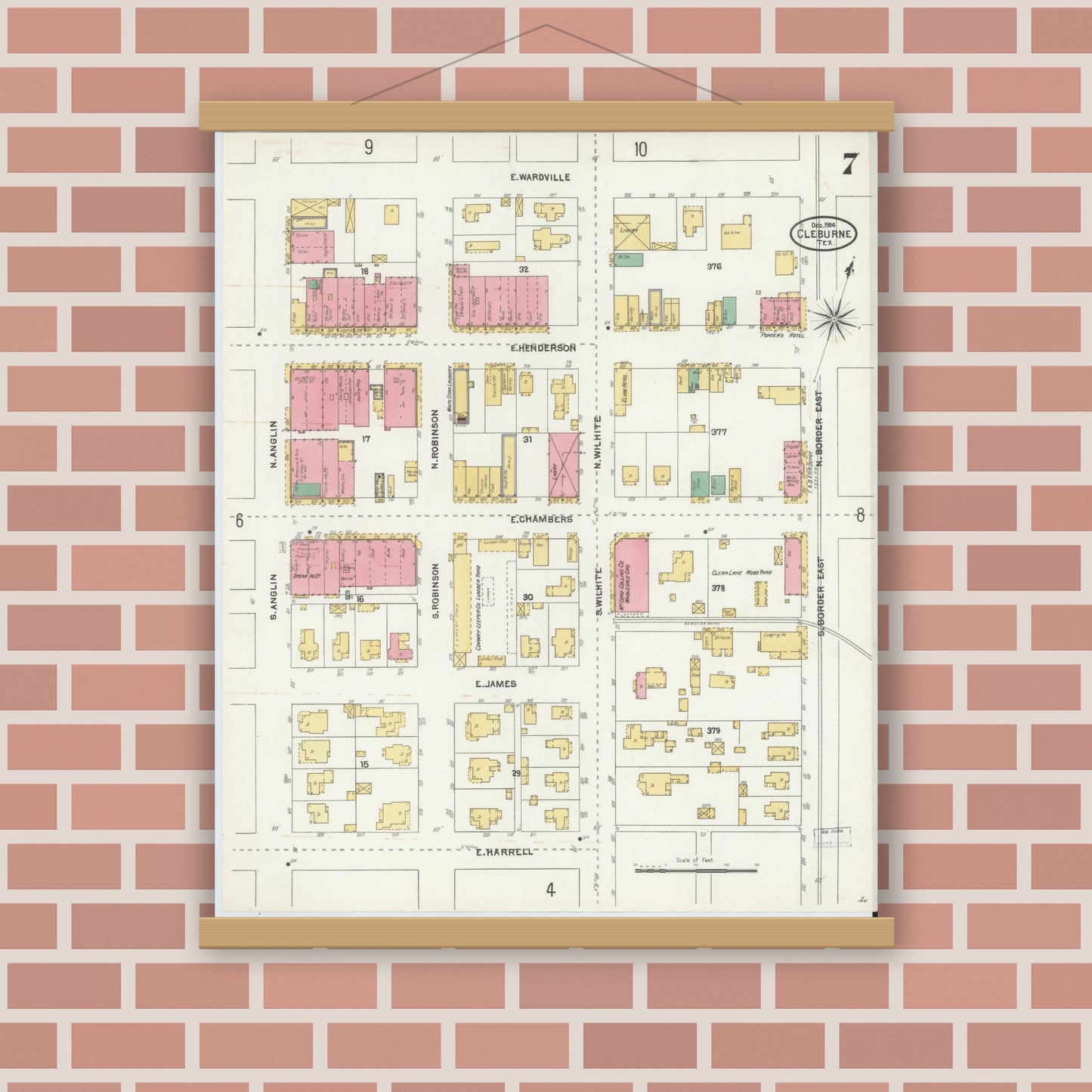Old map wall art mockup — magnetic wood frame on brick wall — Sanborn Fire Insurance Map from Cleburne, Johnson County, Texas (1904), Sheet #0007