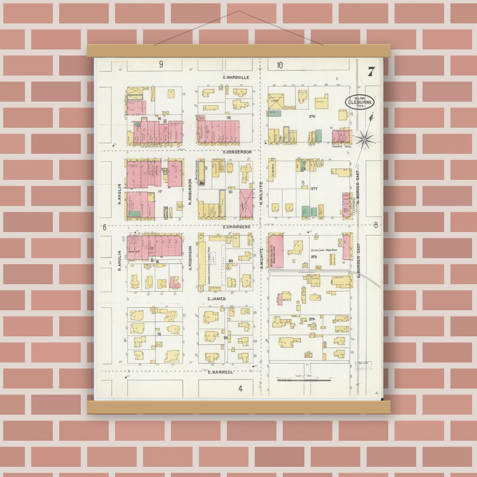 Old map wall art mockup — magnetic wood frame on brick wall — Sanborn Fire Insurance Map from Cleburne, Johnson County, Texas (1904), Sheet #0007