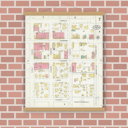 Old map wall art mockup — magnetic wood frame on brick wall — Sanborn Fire Insurance Map from Cleburne, Johnson County, Texas (1904), Sheet #0007