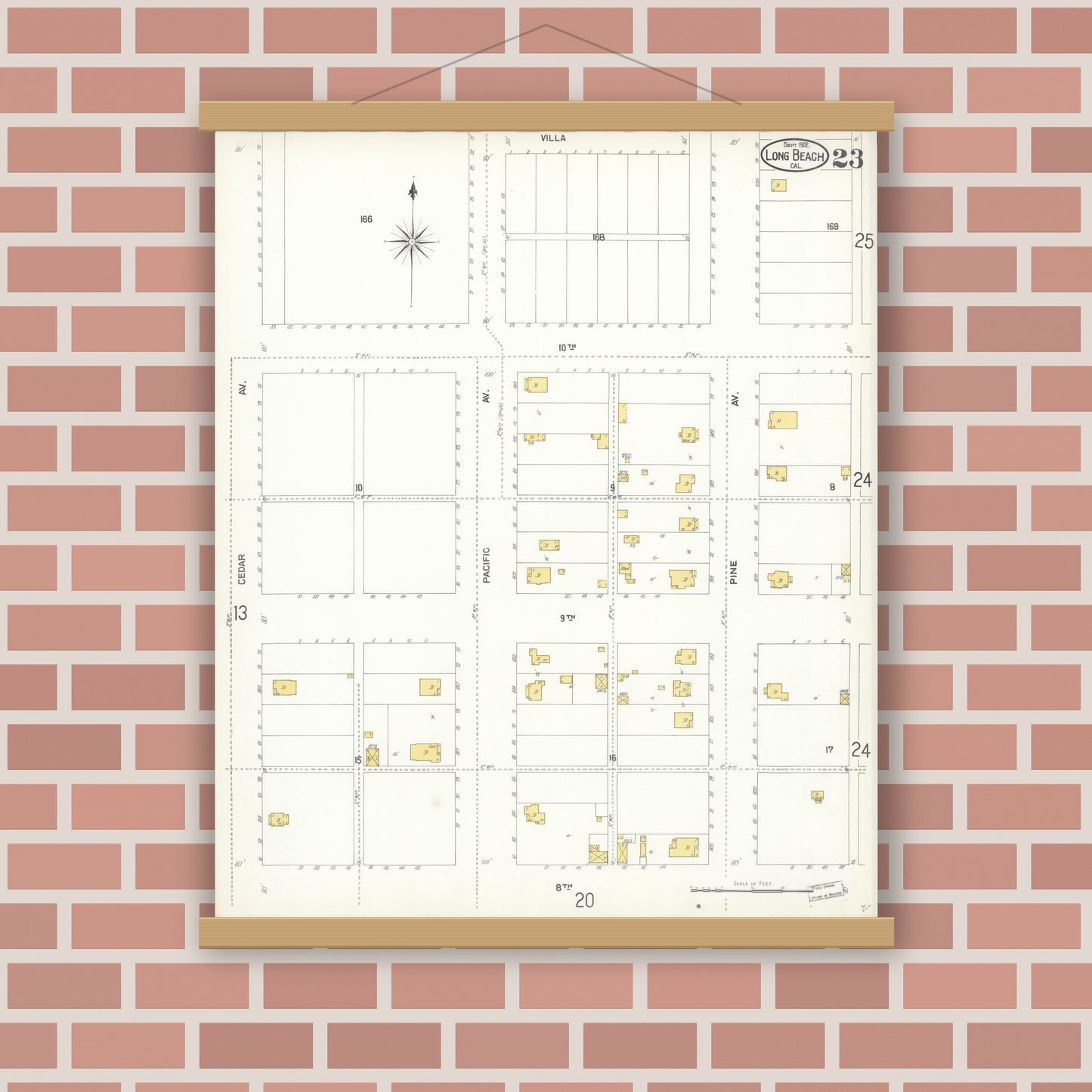 Old map wall art mockup — magnetic wood frame on brick wall — Sanborn Fire Insurance Map from Long Beach, Los Angeles County, California (1902), Sheet #0023