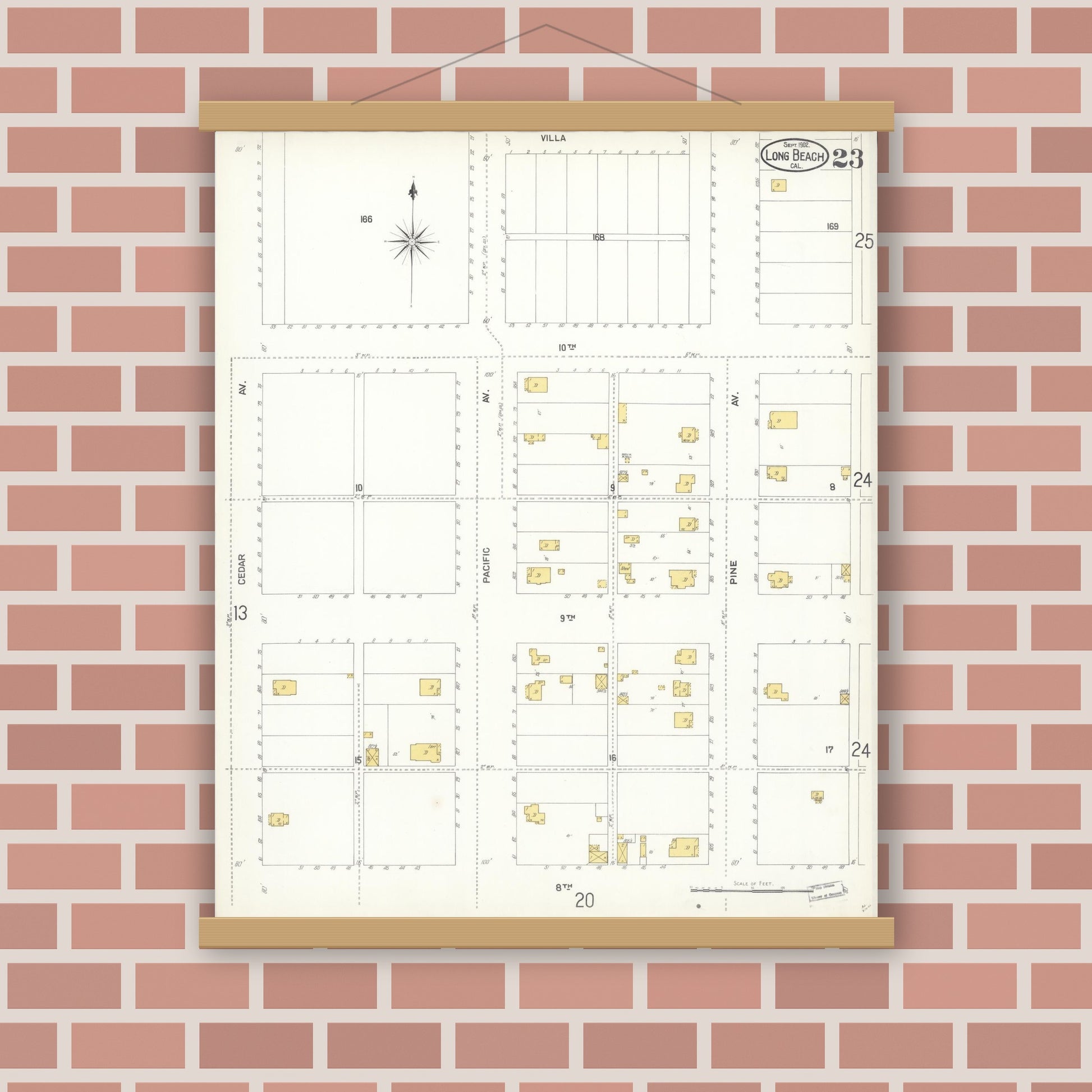 Old map wall art mockup — magnetic wood frame on brick wall — Sanborn Fire Insurance Map from Long Beach, Los Angeles County, California (1902), Sheet #0023