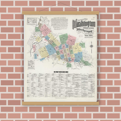 Old map wall art mockup — magnetic wood frame on brick wall — Sanborn Fire Insurance Map from Washington, Washington County, Pennsylvania (1914), Sheet #0001