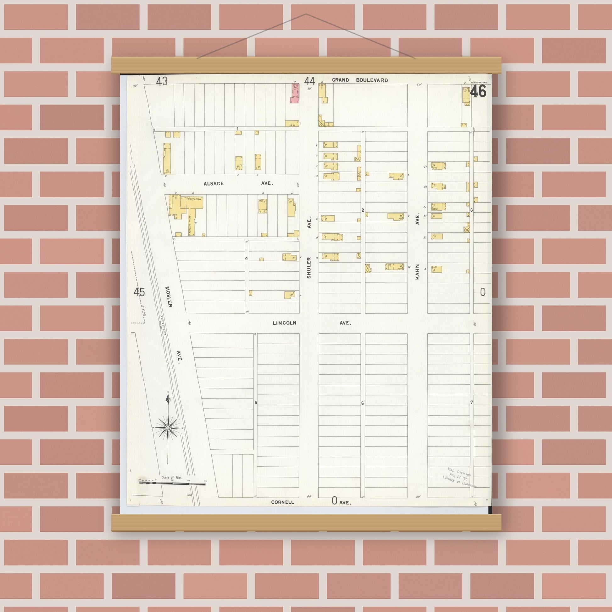 Old map wall art mockup — magnetic wood frame on brick wall — Sanborn Fire Insurance Map from Hamilton, Butler County, Ohio (1899), Sheet #0046