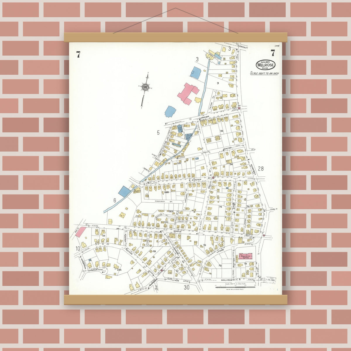 Old map wall art mockup — magnetic wood frame on brick wall — Sanborn Fire Insurance Map from Melrose, Middlesex County, Massachusetts (1923), Sheet #0007