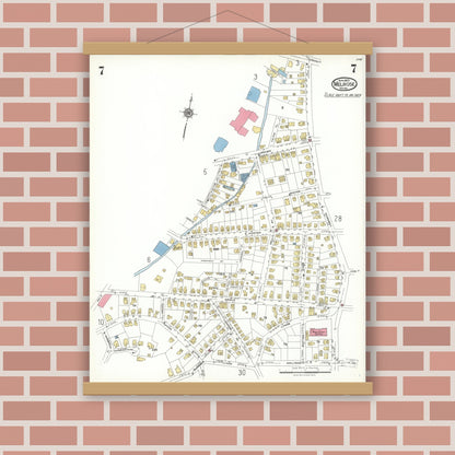 Old map wall art mockup — magnetic wood frame on brick wall — Sanborn Fire Insurance Map from Melrose, Middlesex County, Massachusetts (1923), Sheet #0007