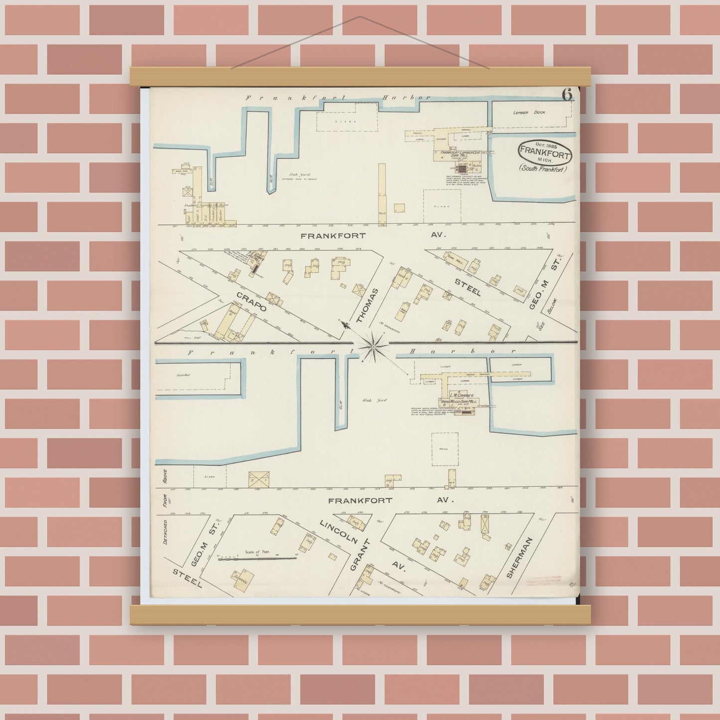 Old map wall art mockup — magnetic wood frame on brick wall — Sanborn Fire Insurance Map from Frankfort, Benzie County, Michigan (1885), Sheet #0006
