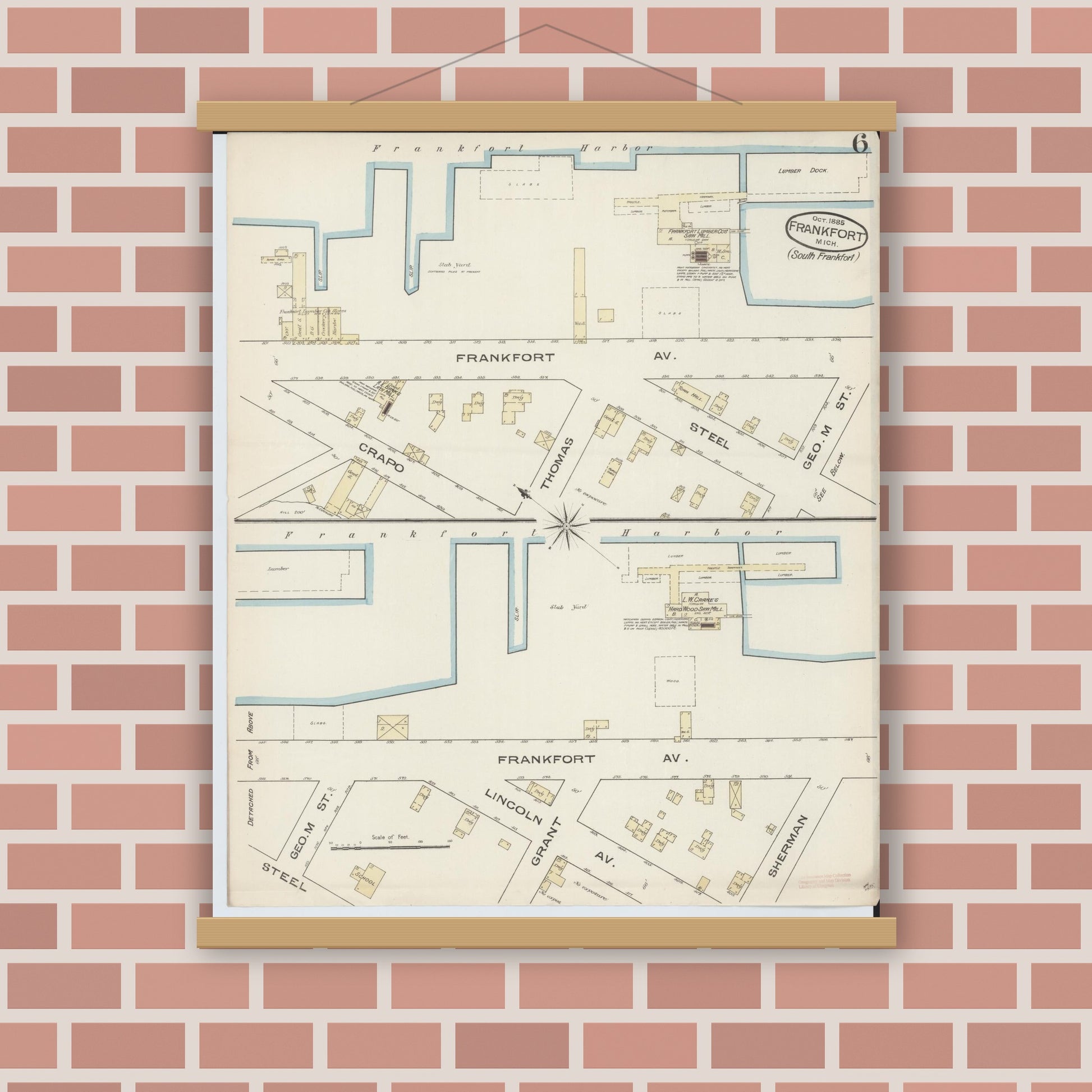 Old map wall art mockup — magnetic wood frame on brick wall — Sanborn Fire Insurance Map from Frankfort, Benzie County, Michigan (1885), Sheet #0006