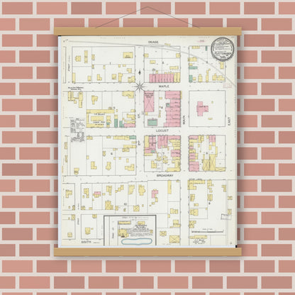 Old map wall art mockup — magnetic wood frame on brick wall — Sanborn Fire Insurance Map from Plattsburg, Clinton County, Missouri (1892), Sheet #0001
