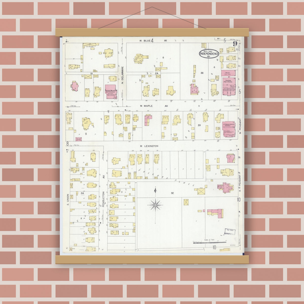 Old map wall art mockup — magnetic wood frame on brick wall — Sanborn Fire Insurance Map from Independence, Jackson County, Missouri (1907), Sheet #0009