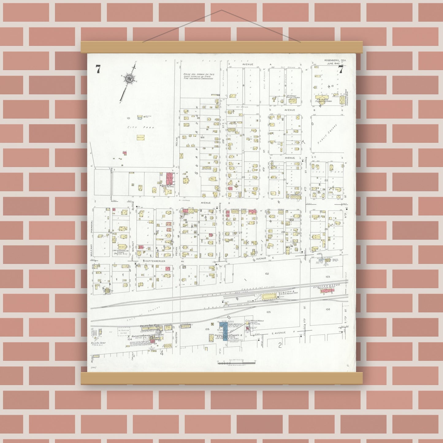 Old map wall art mockup — magnetic wood frame on brick wall — Sanborn Fire Insurance Map from Rosenberg, Fort Bend County, Texas (1942), Sheet #0007