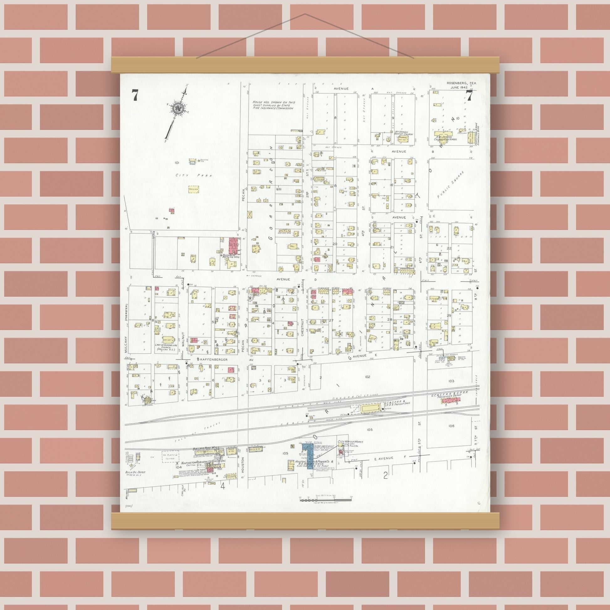 Old map wall art mockup — magnetic wood frame on brick wall — Sanborn Fire Insurance Map from Rosenberg, Fort Bend County, Texas (1942), Sheet #0007