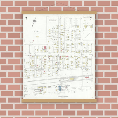 Old map wall art mockup — magnetic wood frame on brick wall — Sanborn Fire Insurance Map from Rosenberg, Fort Bend County, Texas (1942), Sheet #0007