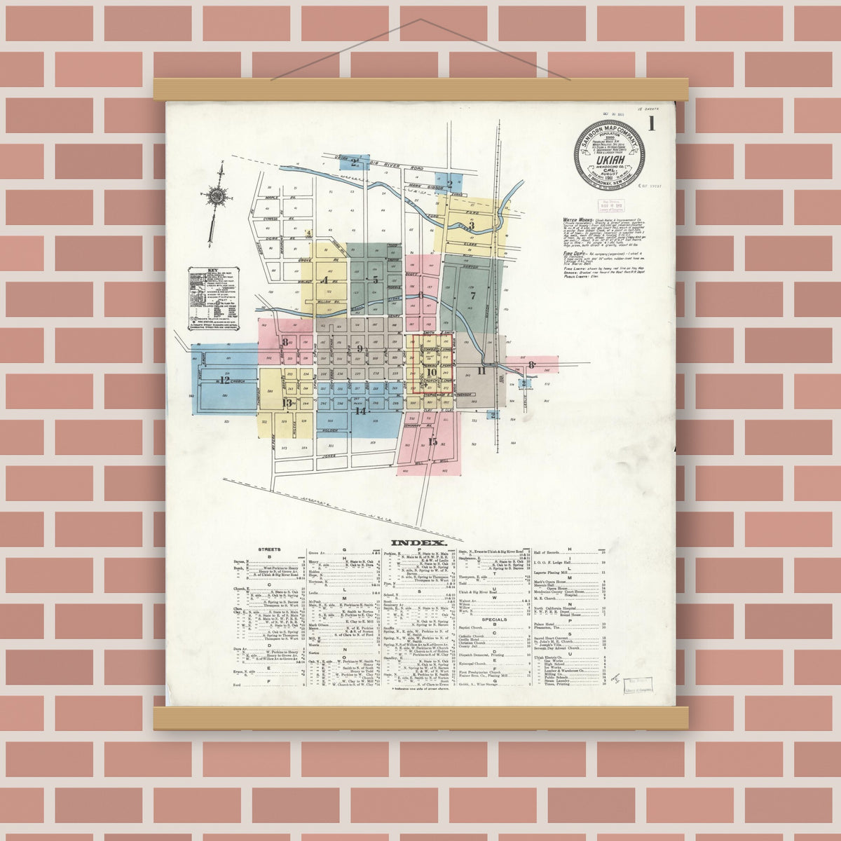 Old map wall art mockup — magnetic wood frame on brick wall — Sanborn Fire Insurance Map from Ukiah, Mendocino County, California (1911) - Complete Map Set