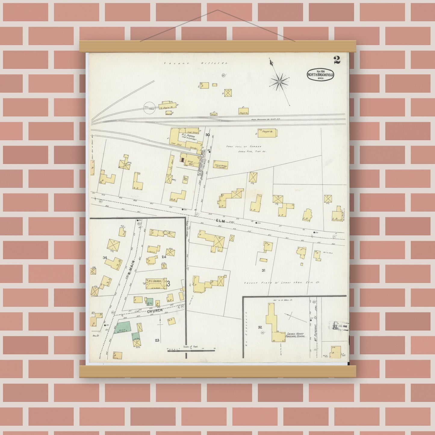 Old map wall art mockup — magnetic wood frame on brick wall — Sanborn Fire Insurance Map from North Brookfield, Worcester County, Massachusetts (1896), Sheet #0002