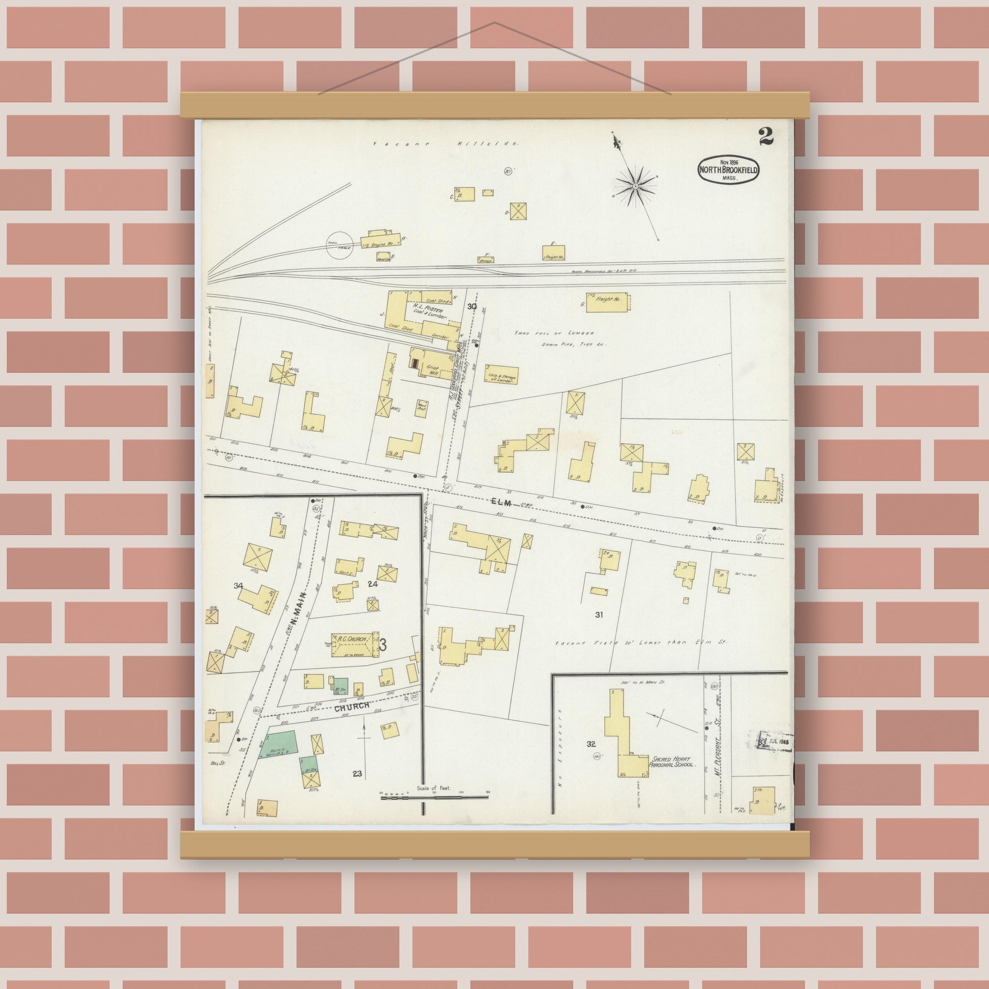 Old map wall art mockup — magnetic wood frame on brick wall — Sanborn Fire Insurance Map from North Brookfield, Worcester County, Massachusetts (1896), Sheet #0002