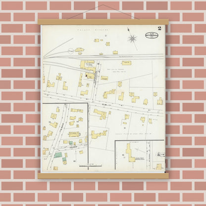 Old map wall art mockup — magnetic wood frame on brick wall — Sanborn Fire Insurance Map from North Brookfield, Worcester County, Massachusetts (1896), Sheet #0002
