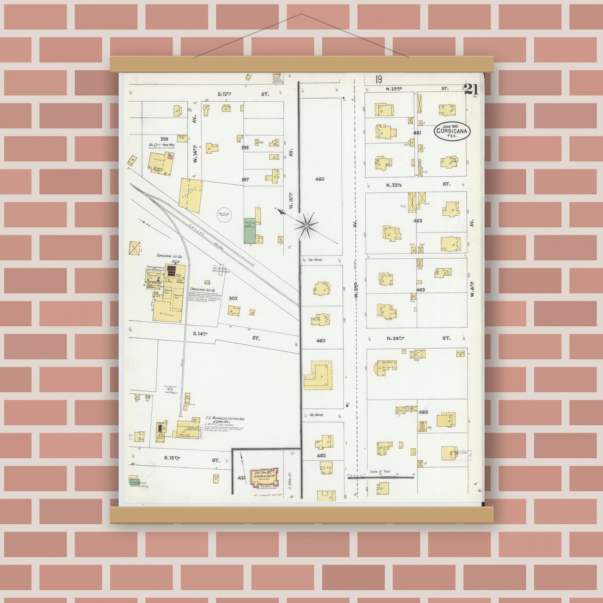 Old map wall art mockup — magnetic wood frame on brick wall — Sanborn Fire Insurance Map from Corsicana, Navarro County, Texas (1905), Sheet #0021