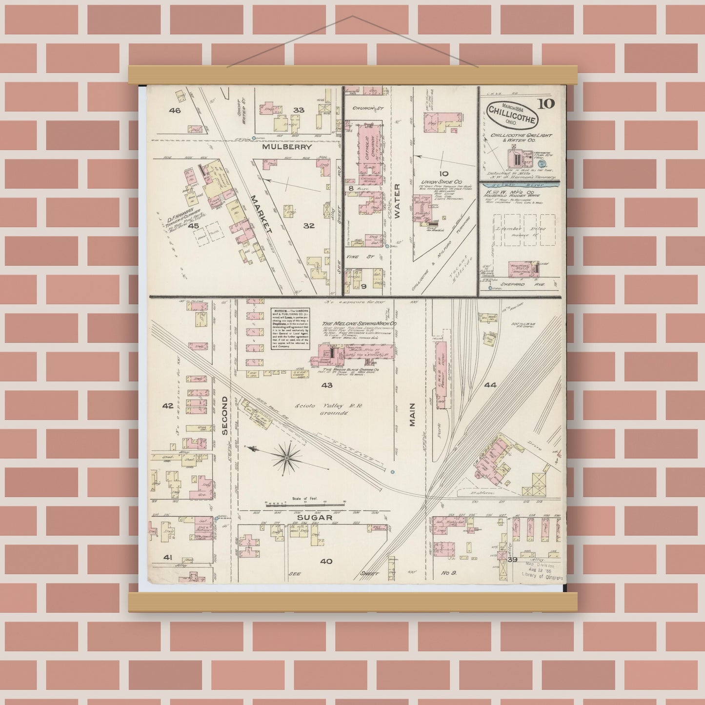 Old map wall art mockup — magnetic wood frame on brick wall — Sanborn Fire Insurance Map from Chillicothe, Ross County, Ohio (1884), Sheet #0010