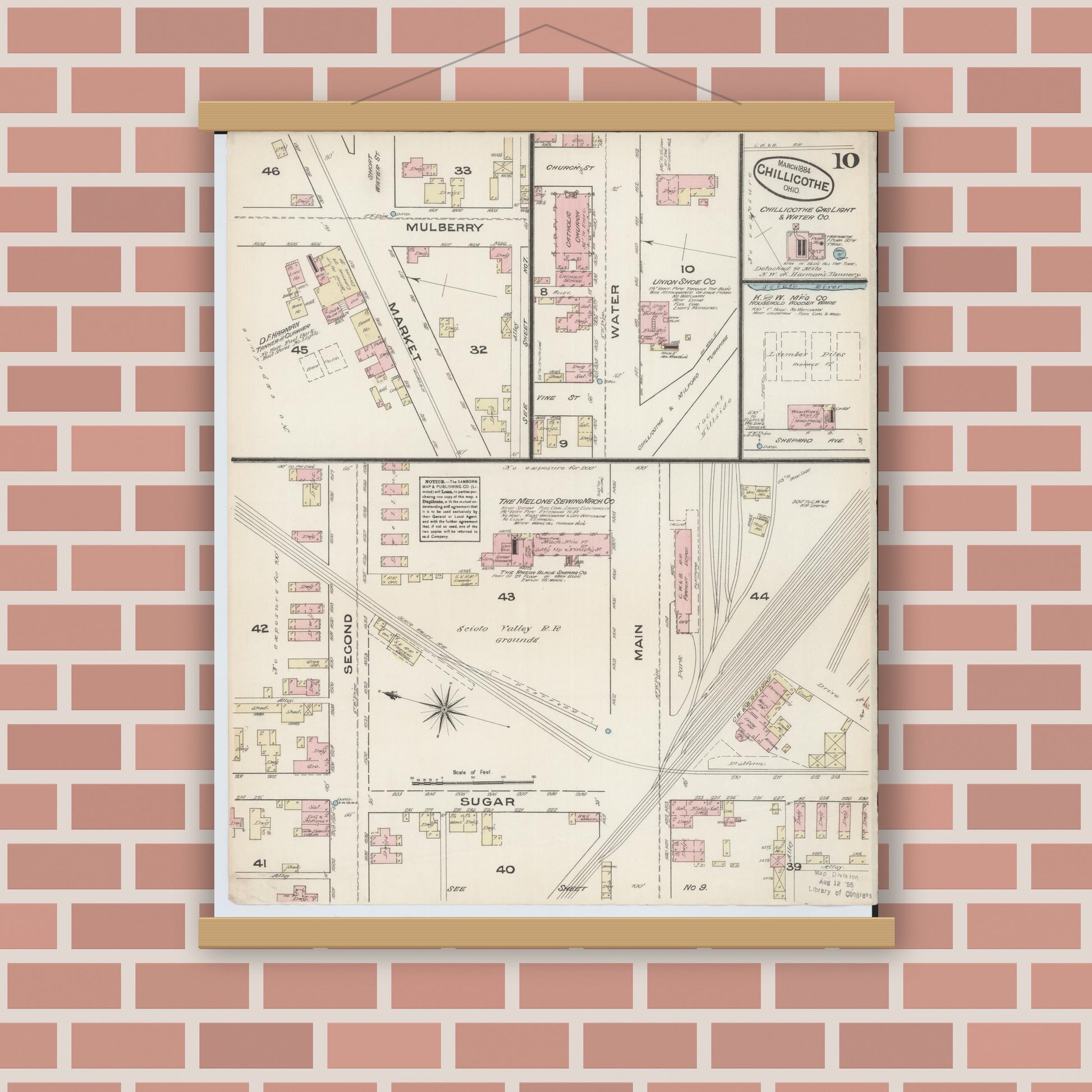 Old map wall art mockup — magnetic wood frame on brick wall — Sanborn Fire Insurance Map from Chillicothe, Ross County, Ohio (1884), Sheet #0010