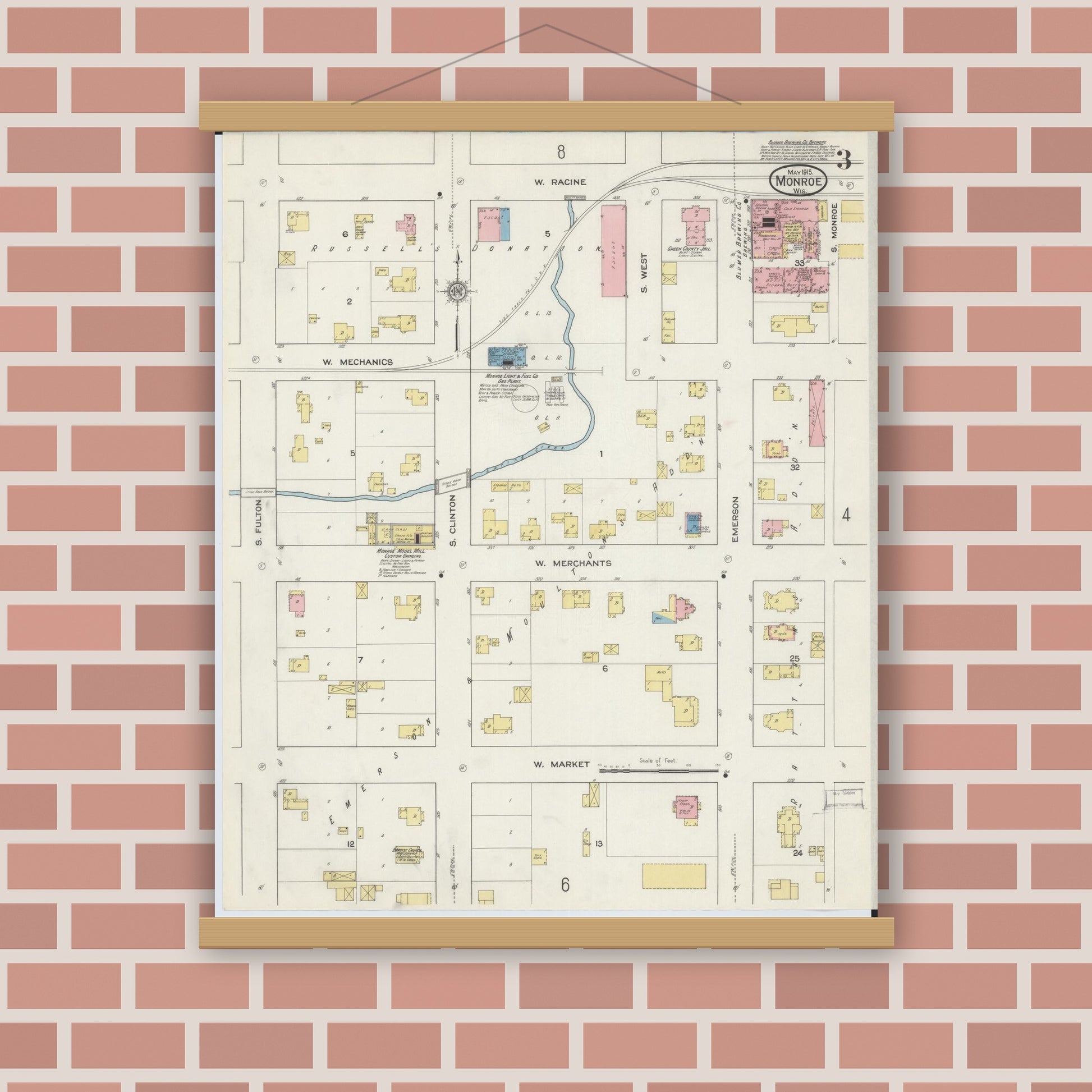Old map wall art mockup — magnetic wood frame on brick wall — Sanborn Fire Insurance Map from Monroe, Green County, Wisconsin (1915), Sheet #0003