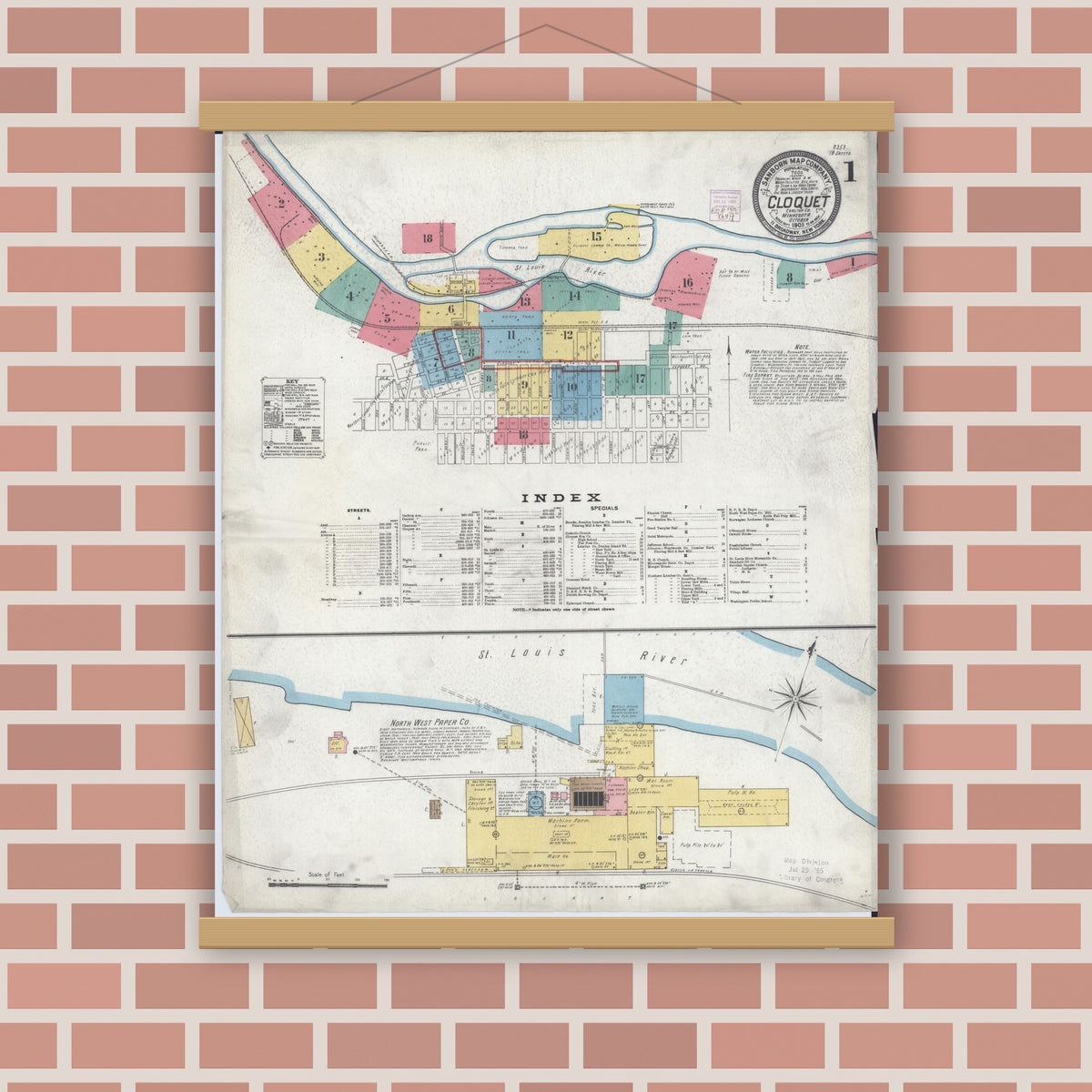 Old map wall art mockup — magnetic wood frame on brick wall — Sanborn Fire Insurance Map from Cloquet, Carlton County, Minnesota (1905), Sheet #0001