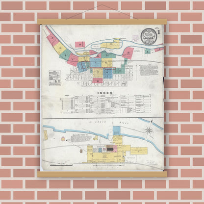 Old map wall art mockup — magnetic wood frame on brick wall — Sanborn Fire Insurance Map from Cloquet, Carlton County, Minnesota (1905), Sheet #0001