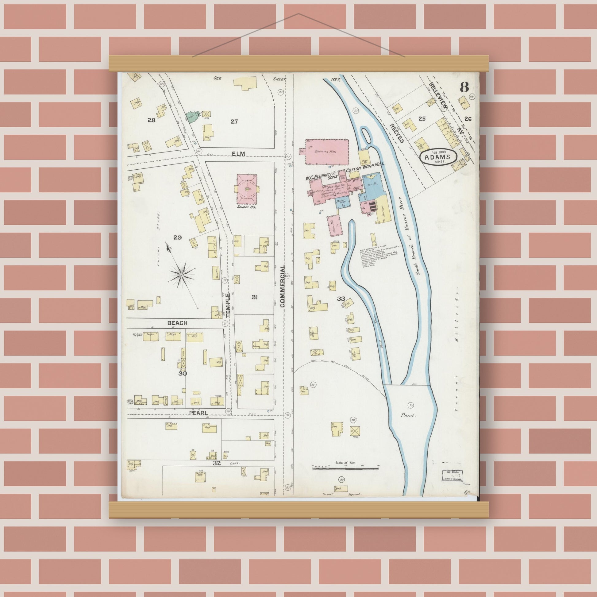 Old map wall art mockup — magnetic wood frame on brick wall — Sanborn Fire Insurance Map from Adams, Berkshire County, Massachusetts (1889), Sheet #0008