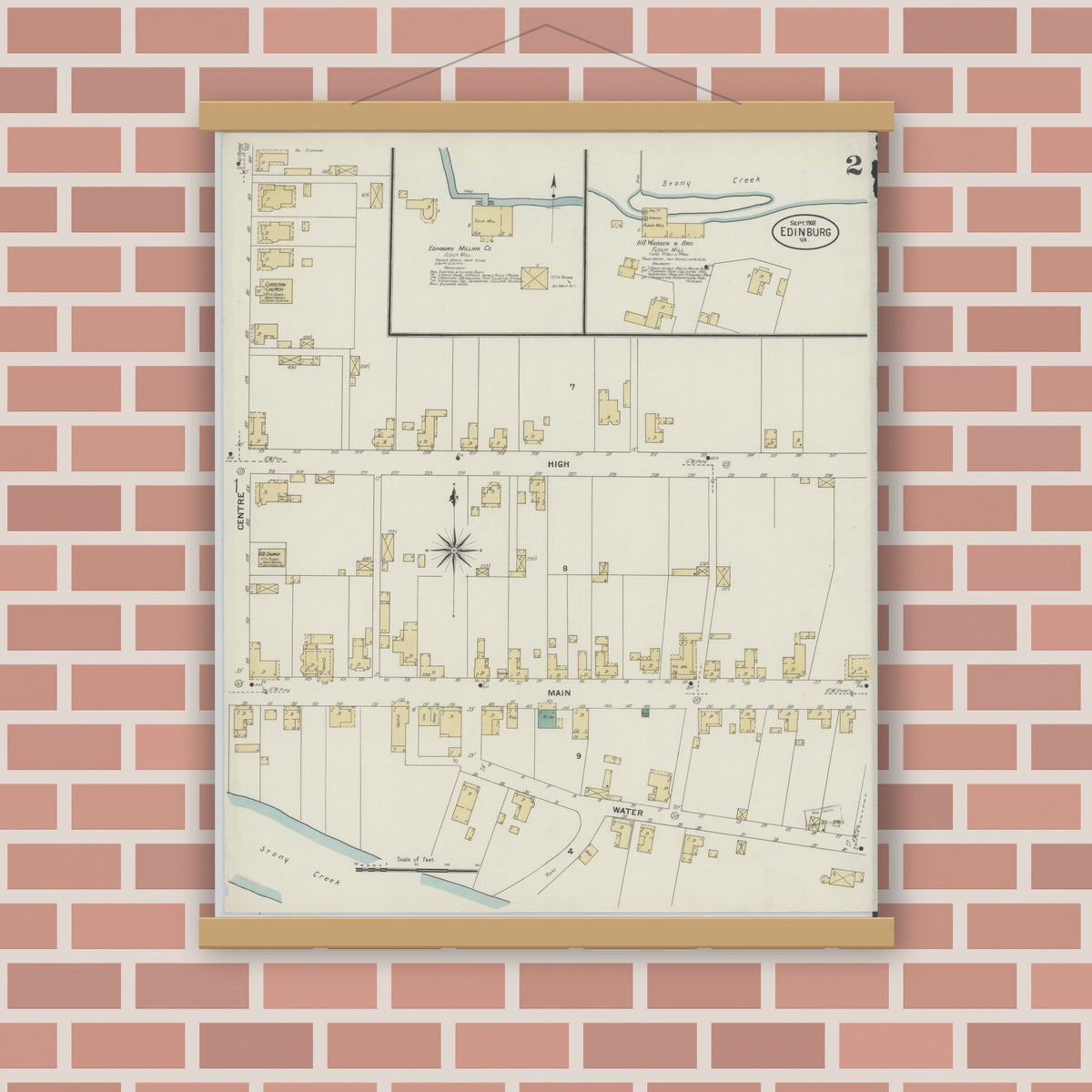 Old map wall art mockup — magnetic wood frame on brick wall — Sanborn Fire Insurance Map from Edinburg, Shenandoah County, Virginia (1908), Sheet #0002