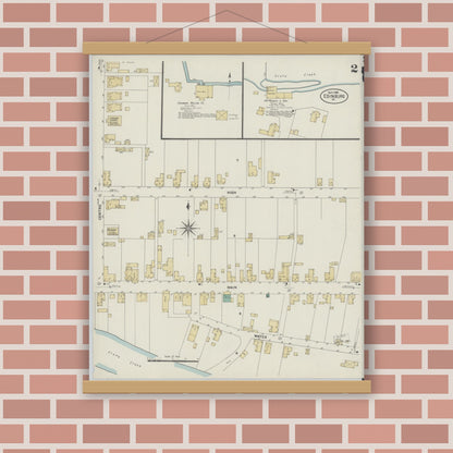 Old map wall art mockup — magnetic wood frame on brick wall — Sanborn Fire Insurance Map from Edinburg, Shenandoah County, Virginia (1908), Sheet #0002