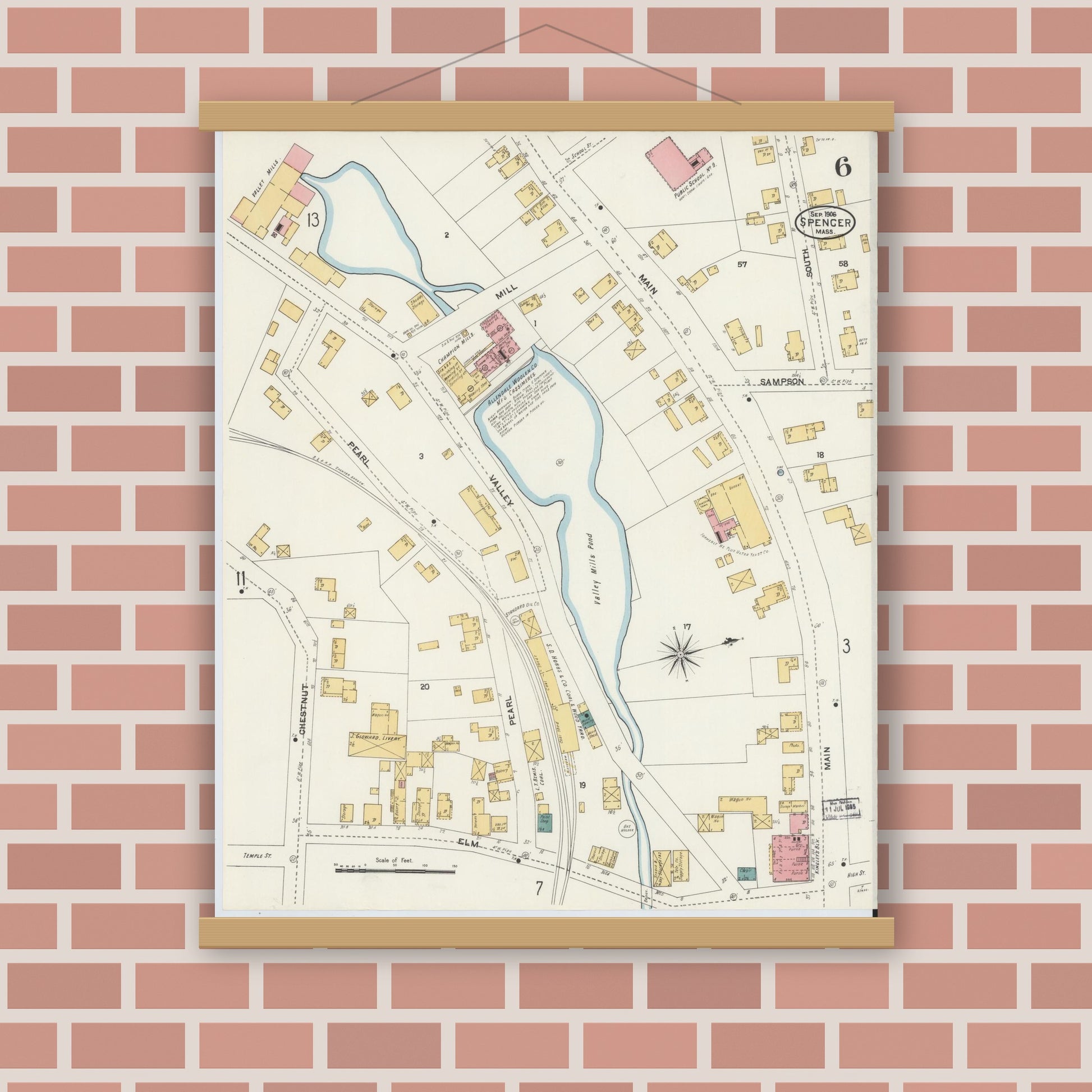 Old map wall art mockup — magnetic wood frame on brick wall — Sanborn Fire Insurance Map from Spencer, Worcester County, Massachusetts (1906), Sheet #0006