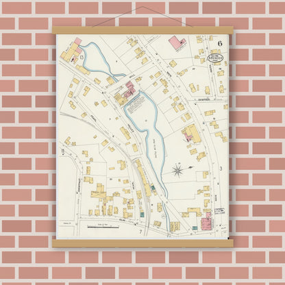 Old map wall art mockup — magnetic wood frame on brick wall — Sanborn Fire Insurance Map from Spencer, Worcester County, Massachusetts (1906), Sheet #0006