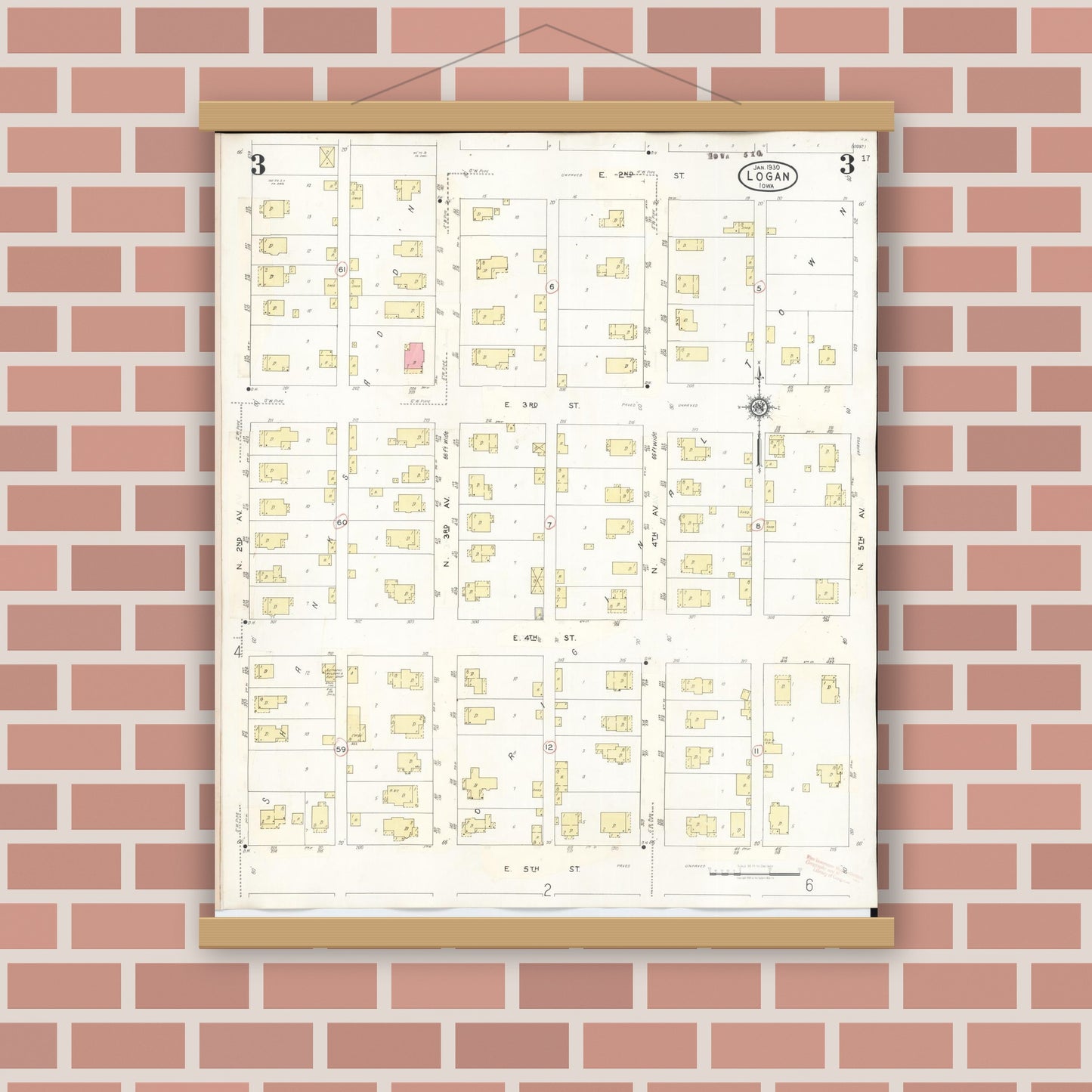 Old map wall art mockup — magnetic wood frame on brick wall — Sanborn Fire Insurance Map from Logan, Harrison County, Iowa (1934), Sheet #0003