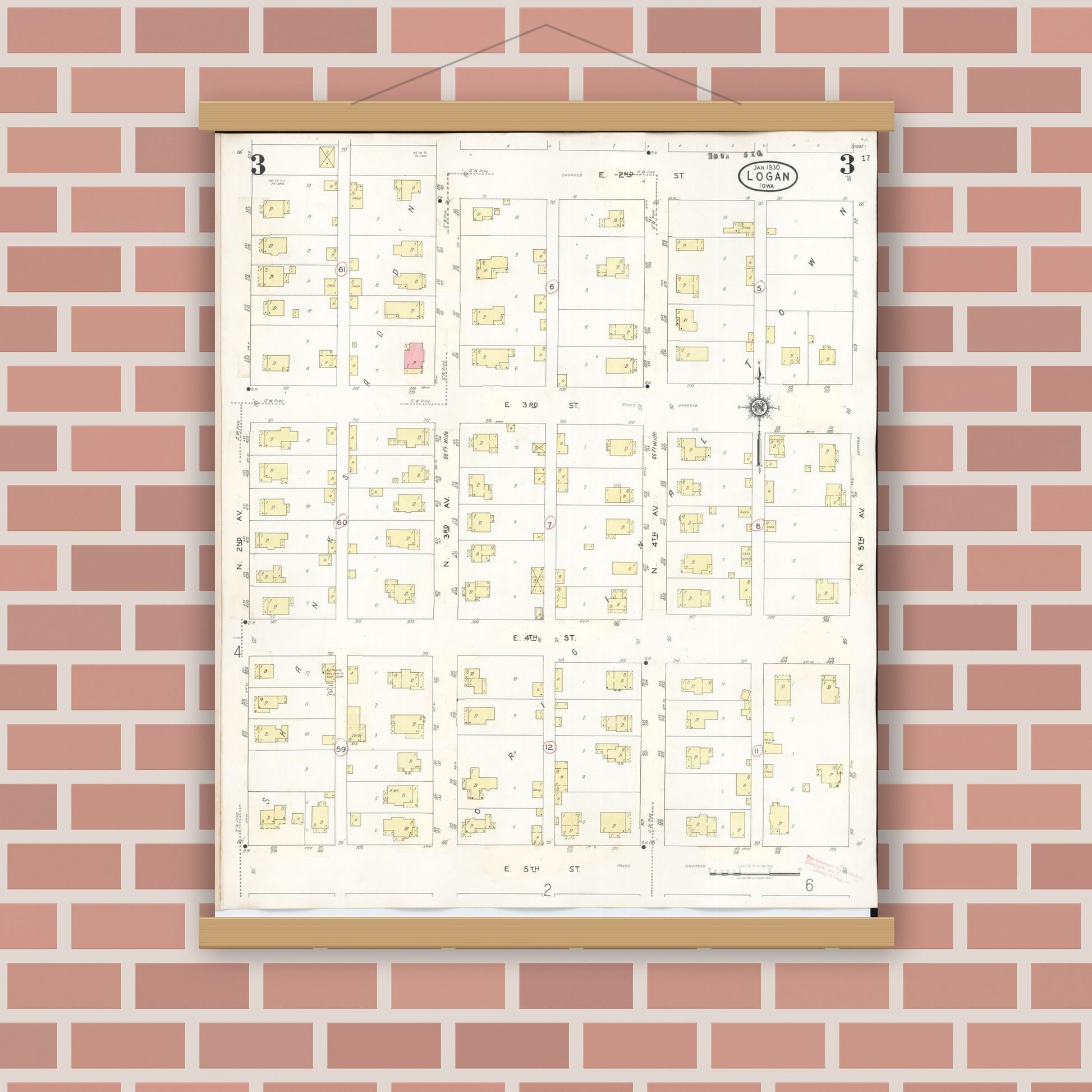 Old map wall art mockup — magnetic wood frame on brick wall — Sanborn Fire Insurance Map from Logan, Harrison County, Iowa (1934), Sheet #0003