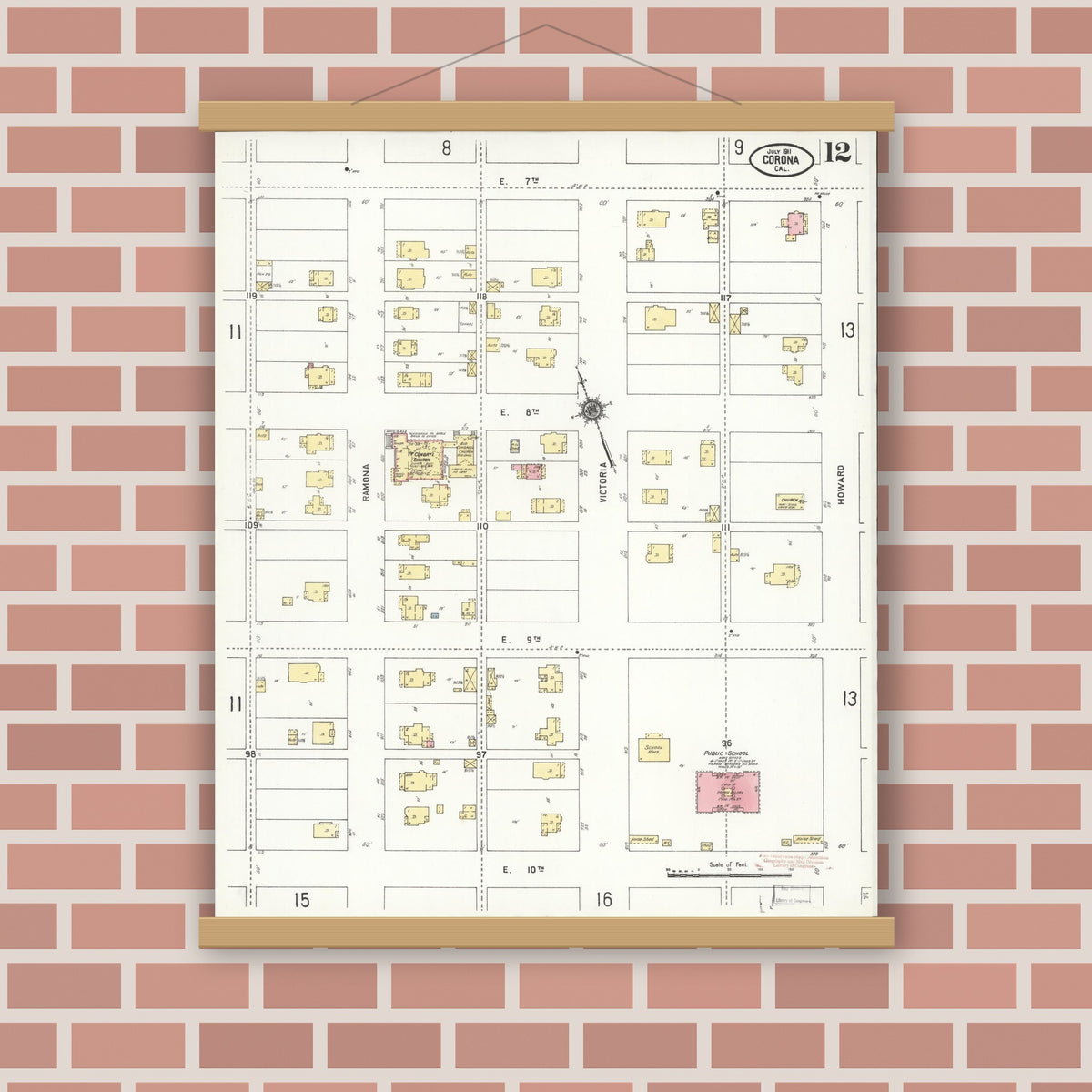 Old map wall art mockup — magnetic wood frame on brick wall — Sanborn Fire Insurance Map from Corona, Riverside County, California (1911), Sheet #0012