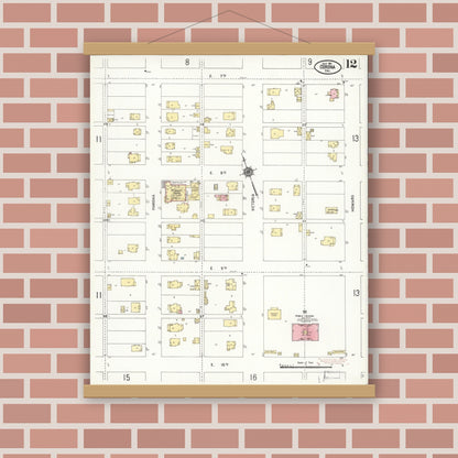 Old map wall art mockup — magnetic wood frame on brick wall — Sanborn Fire Insurance Map from Corona, Riverside County, California (1911), Sheet #0012