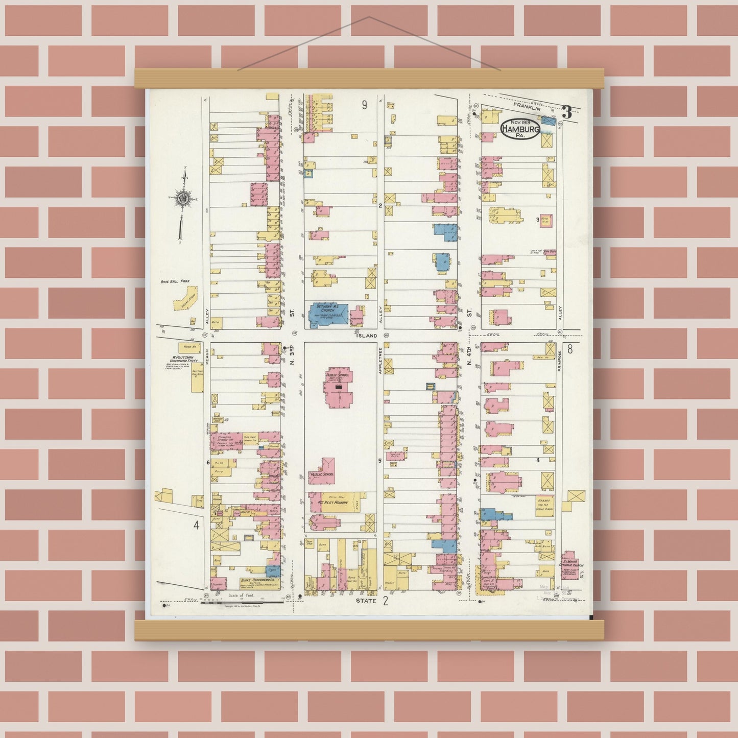 Old map wall art mockup — magnetic wood frame on brick wall — Sanborn Fire Insurance Map from Hamburg, Berks County, Pennsylvania (1919), Sheet #0003