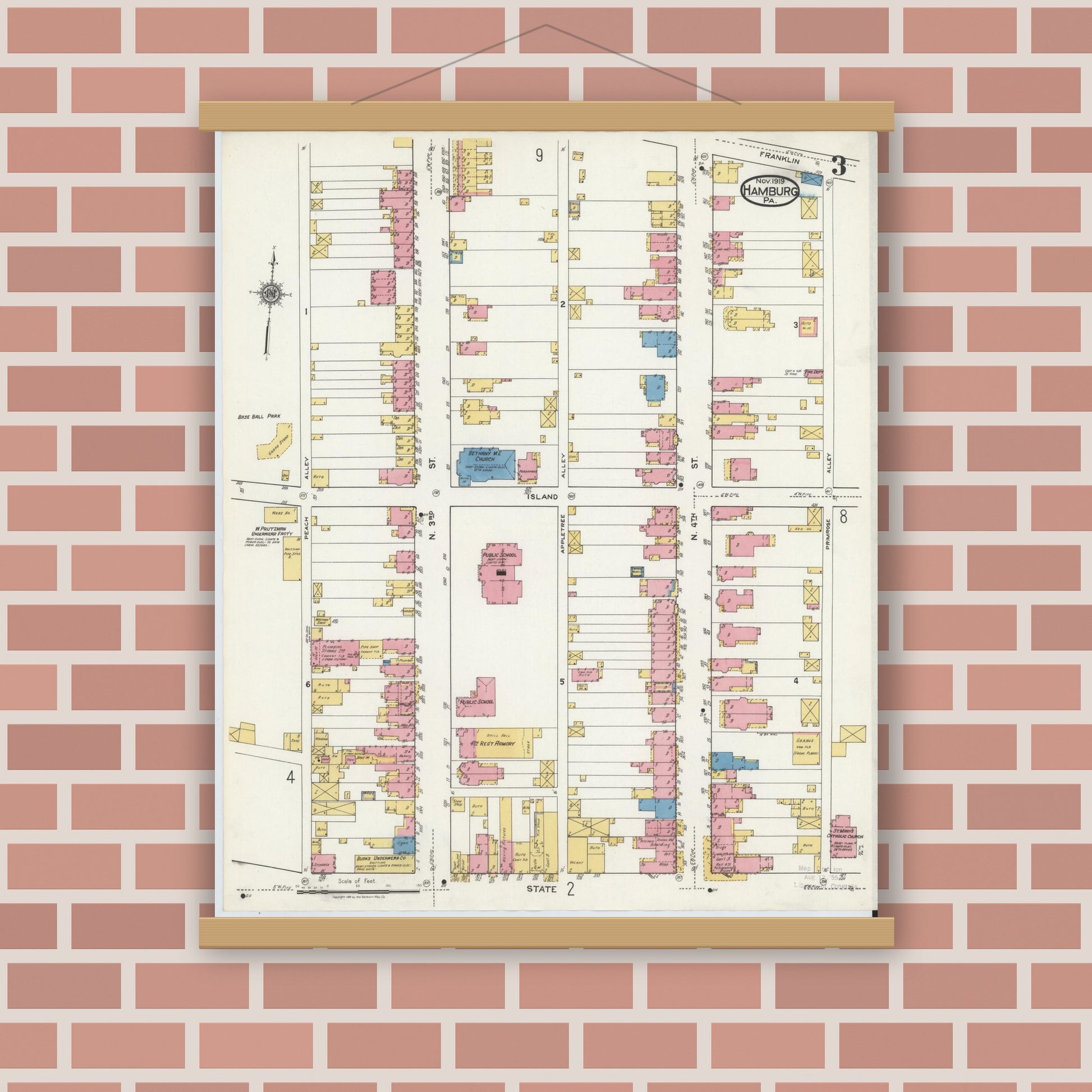 Old map wall art mockup — magnetic wood frame on brick wall — Sanborn Fire Insurance Map from Hamburg, Berks County, Pennsylvania (1919), Sheet #0003
