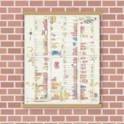 Old map wall art mockup — magnetic wood frame on brick wall — Sanborn Fire Insurance Map from Hamburg, Berks County, Pennsylvania (1919), Sheet #0003